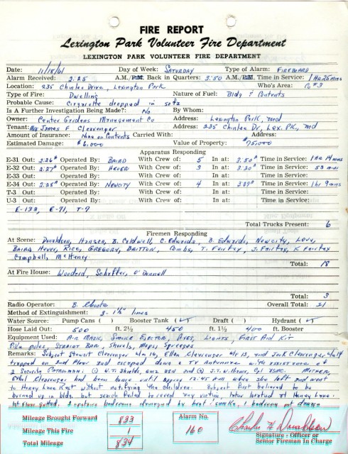 Working fire 11/18/1961 - Center Gardens with 2 teens trapped (ask older members where Center Gardens was...)